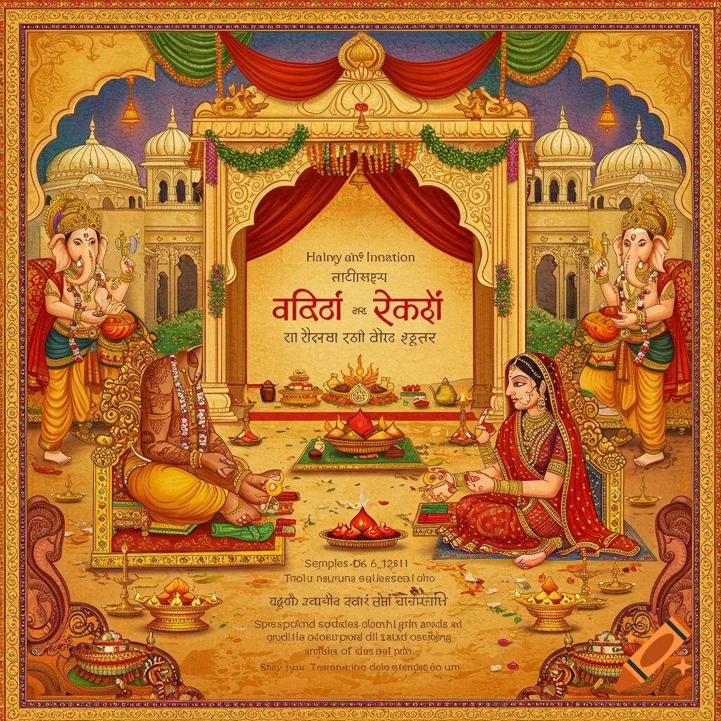 A Hindu marriage ceremony featuring a couple, Ganesha figures, and offerings, rendered in a traditional Indian style.