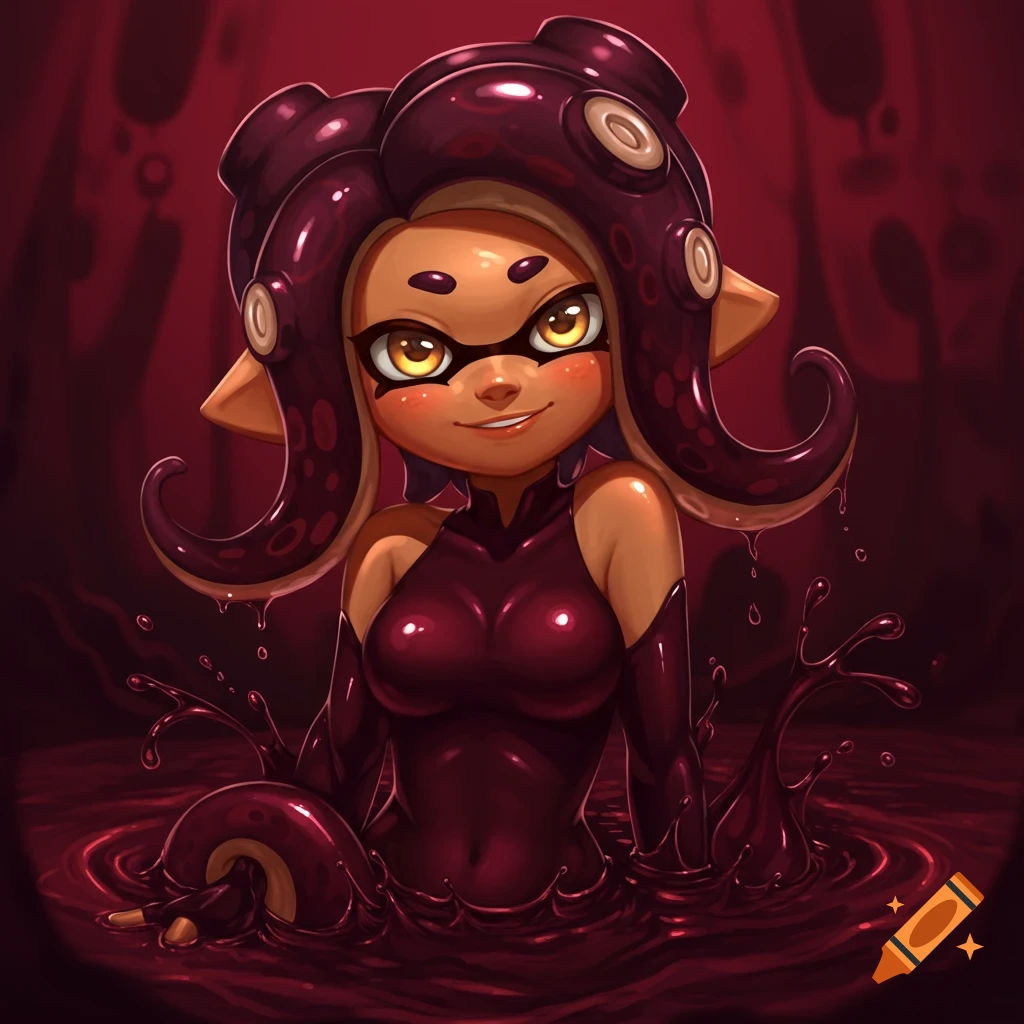 A Splatoon Octoling girl in a burgundy suit is emerging from ink.