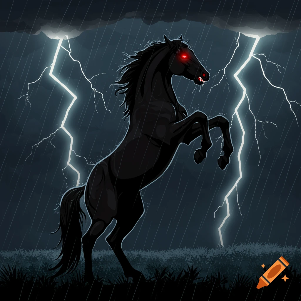Black horse with red eyes rearing in a thunderstorm vector graphic.