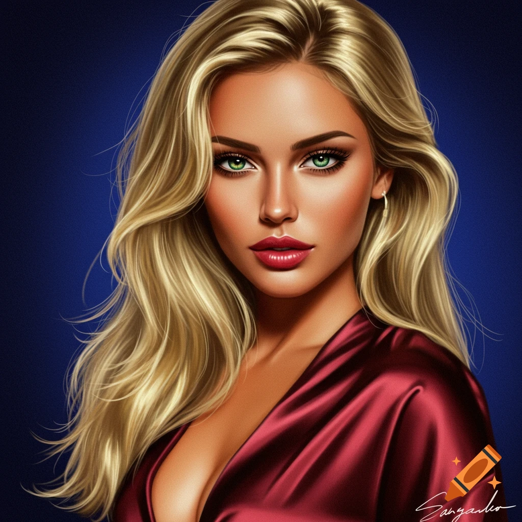 A woman with blond hair, green eyes, and a red dress.