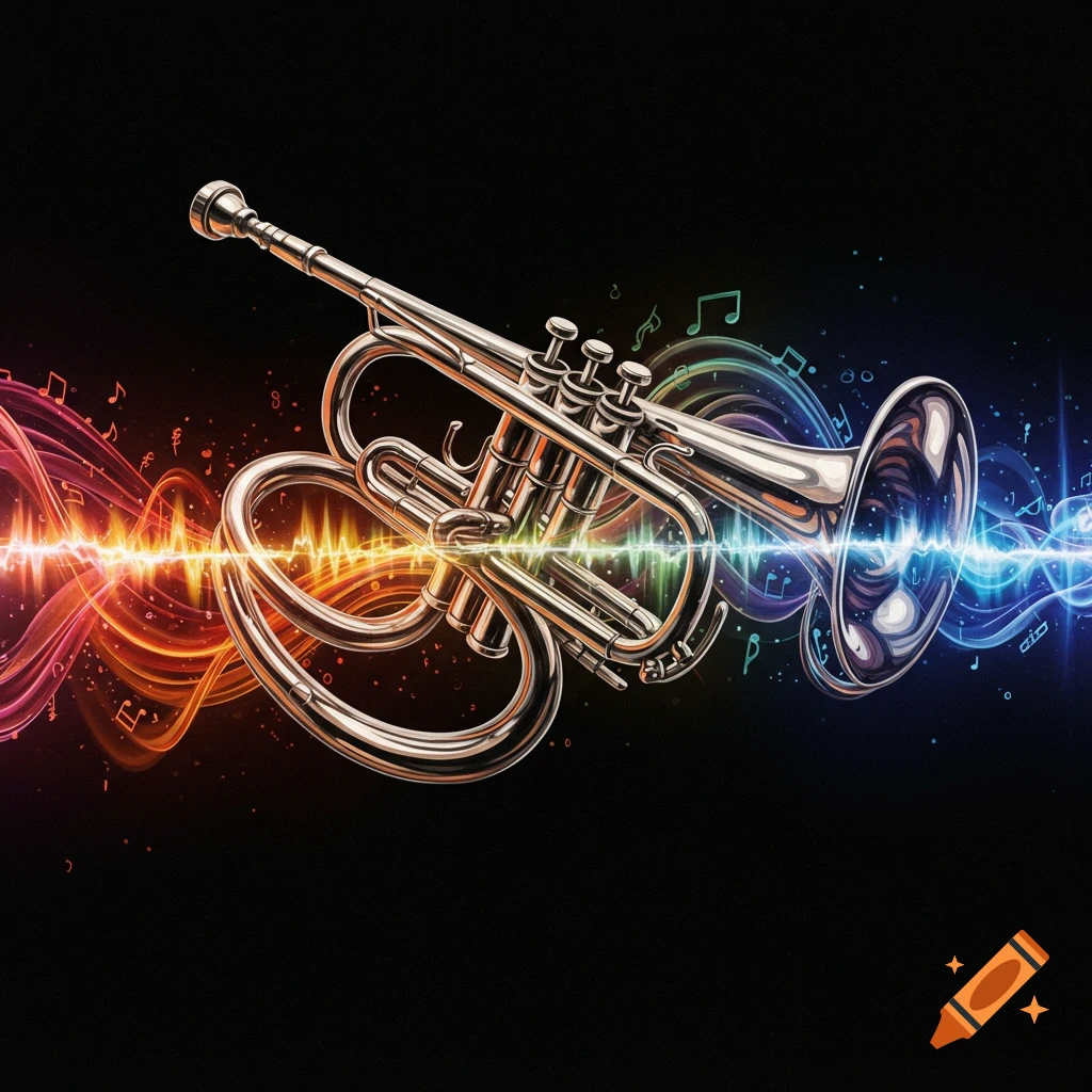 Silver trumpet with colorful swirling sound waves and musical notes on black background