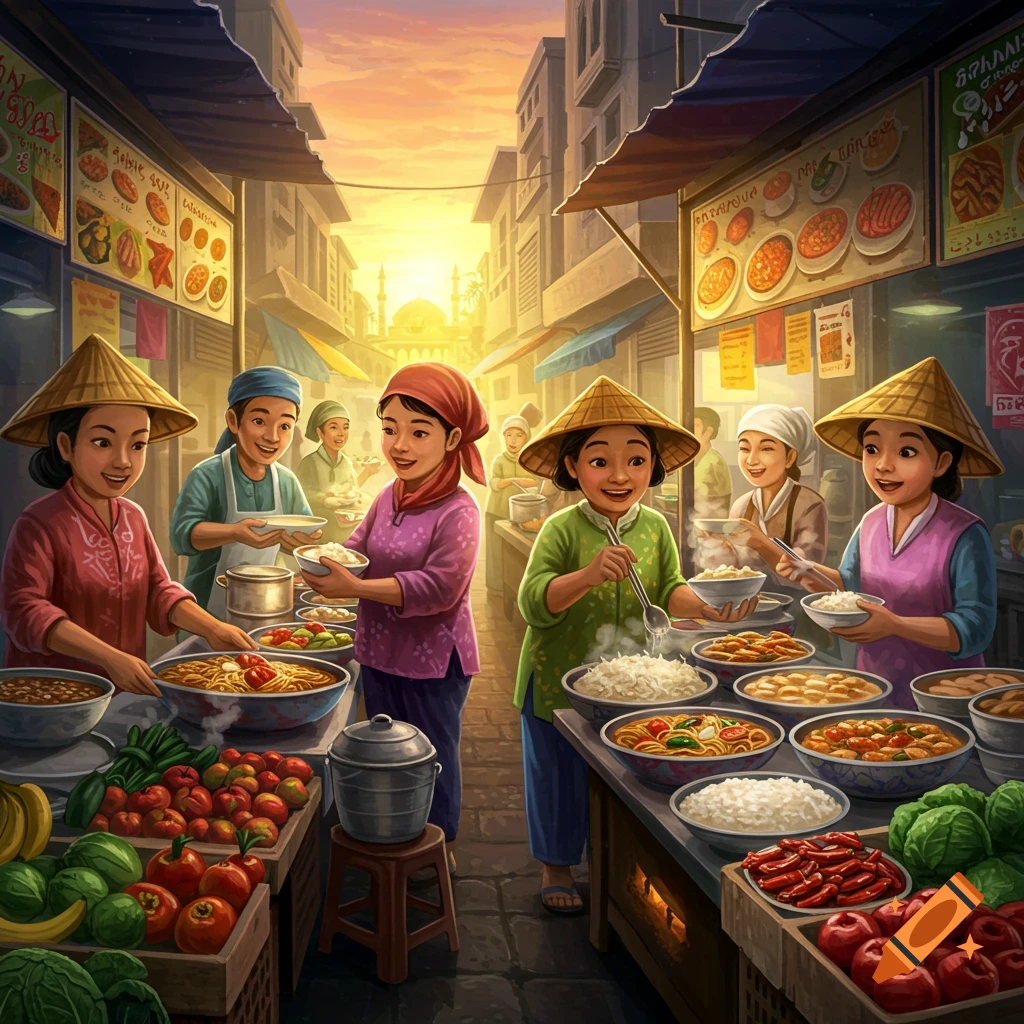 A busy food market scene with vendors and customers serving and buying food.