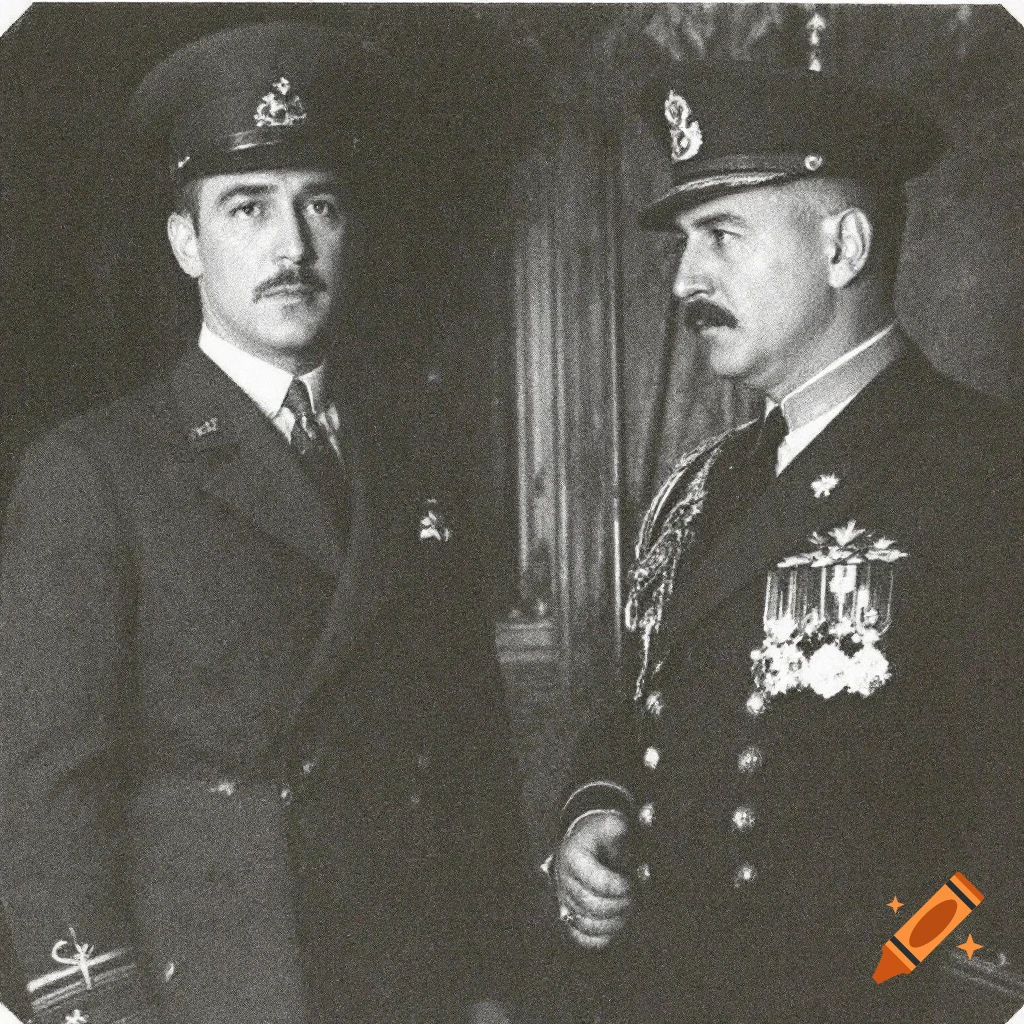 A black and white photo of two men in military uniforms, one facing forward, the other in profile.
