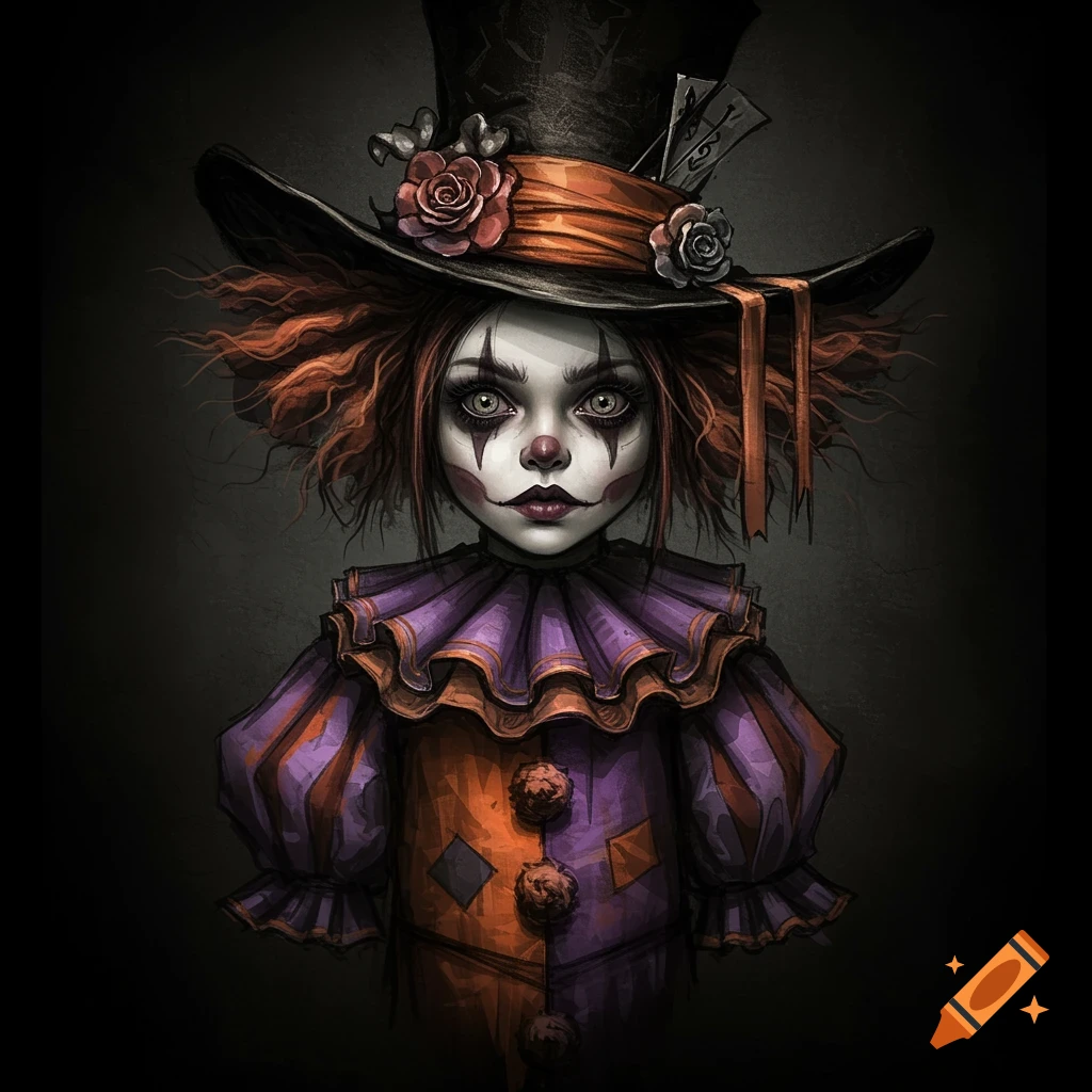 Dark, whimsical sketch of a creepy clown girl in a top hat and ruffled costume.