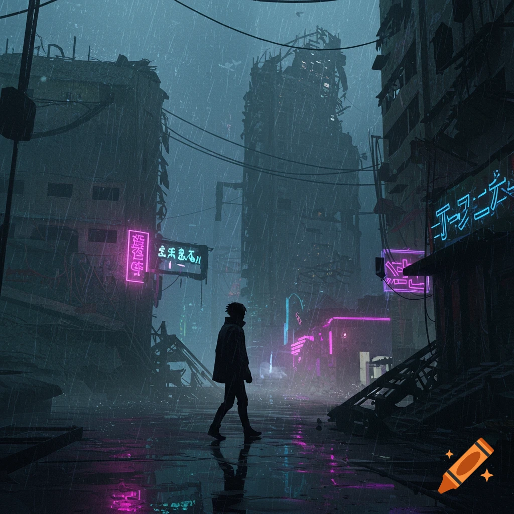 A lone silhouette figure walks down a rain-slicked street in a dark, neon-lit dystopian city, digital art.
