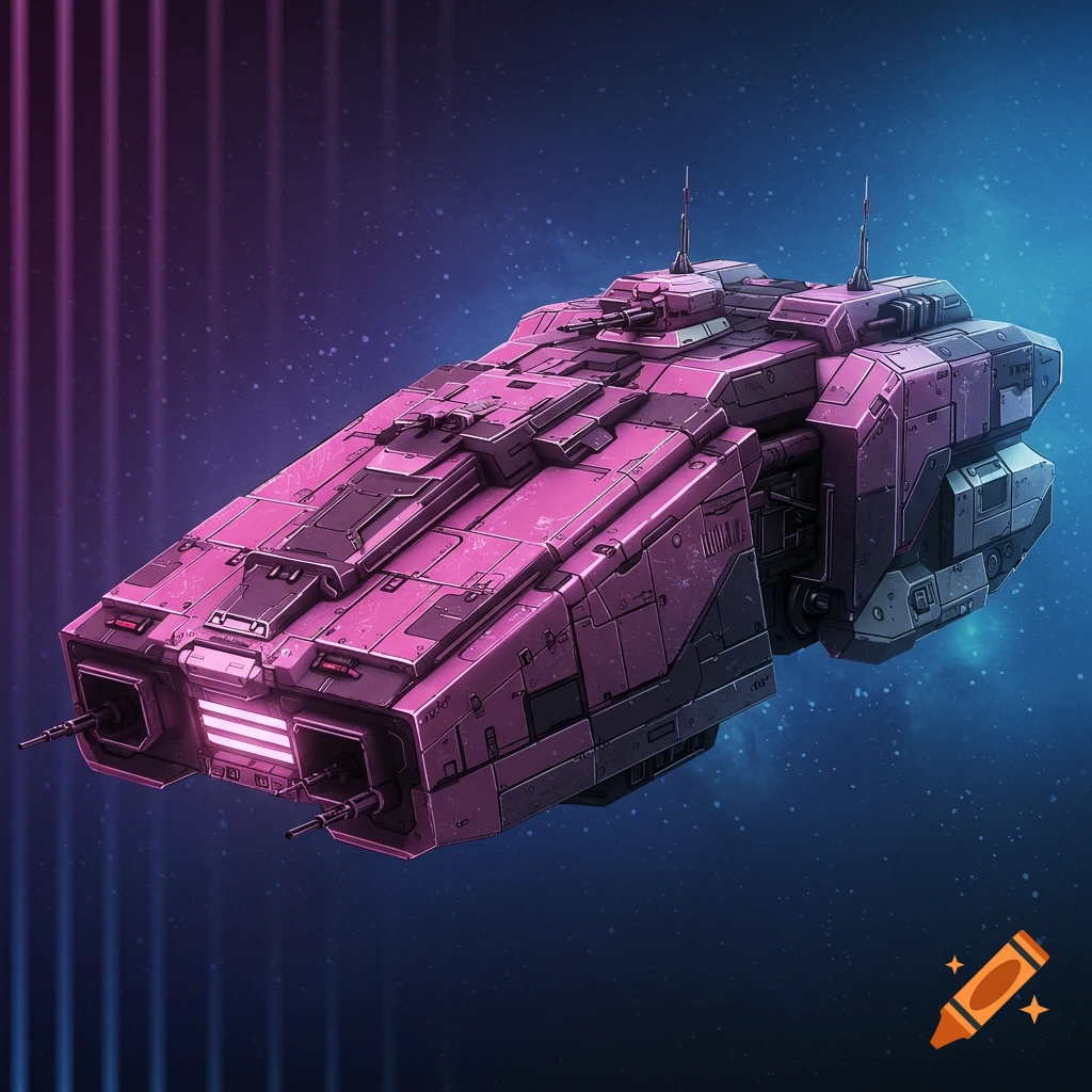 A pink and grey sci-fi spaceship floats in deep space, surrounded by stars and vertical purple and blue light beams.