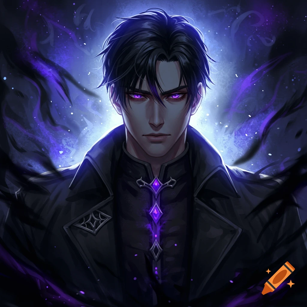 A handsome man with black hair and glowing purple eyes, wearing a black coat, surrounded by purple energy.