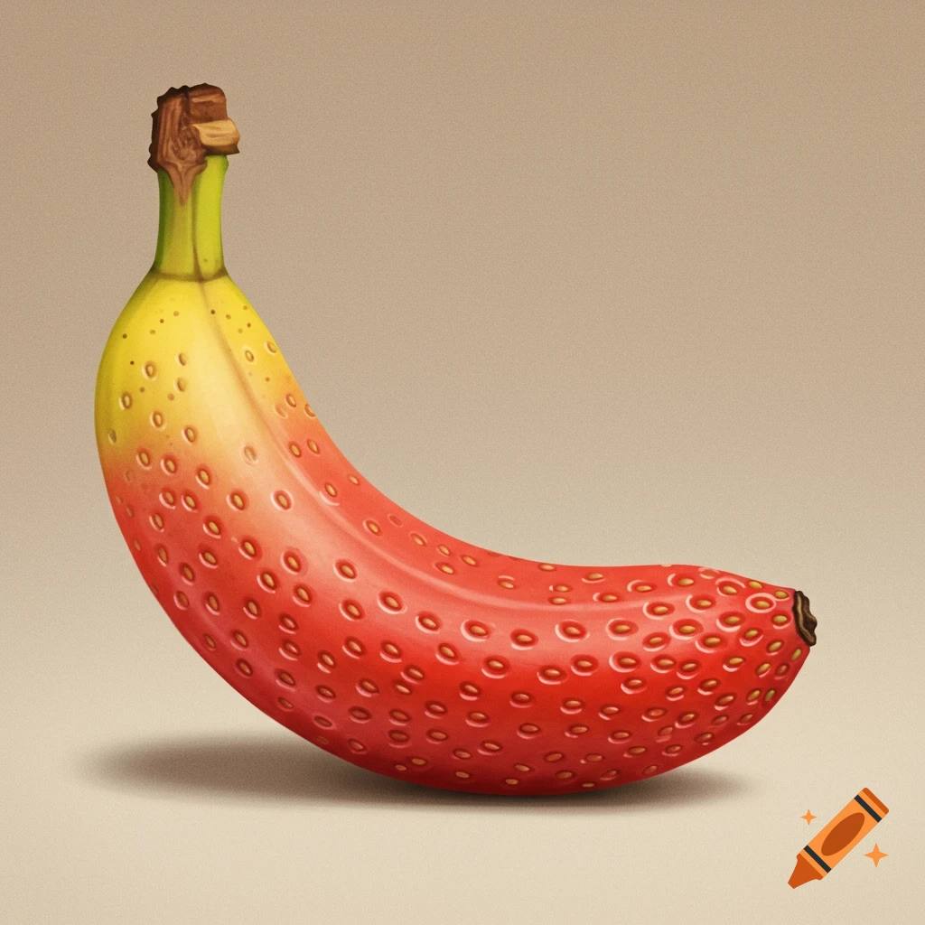 A banana with red skin is covered in strawberry seeds.