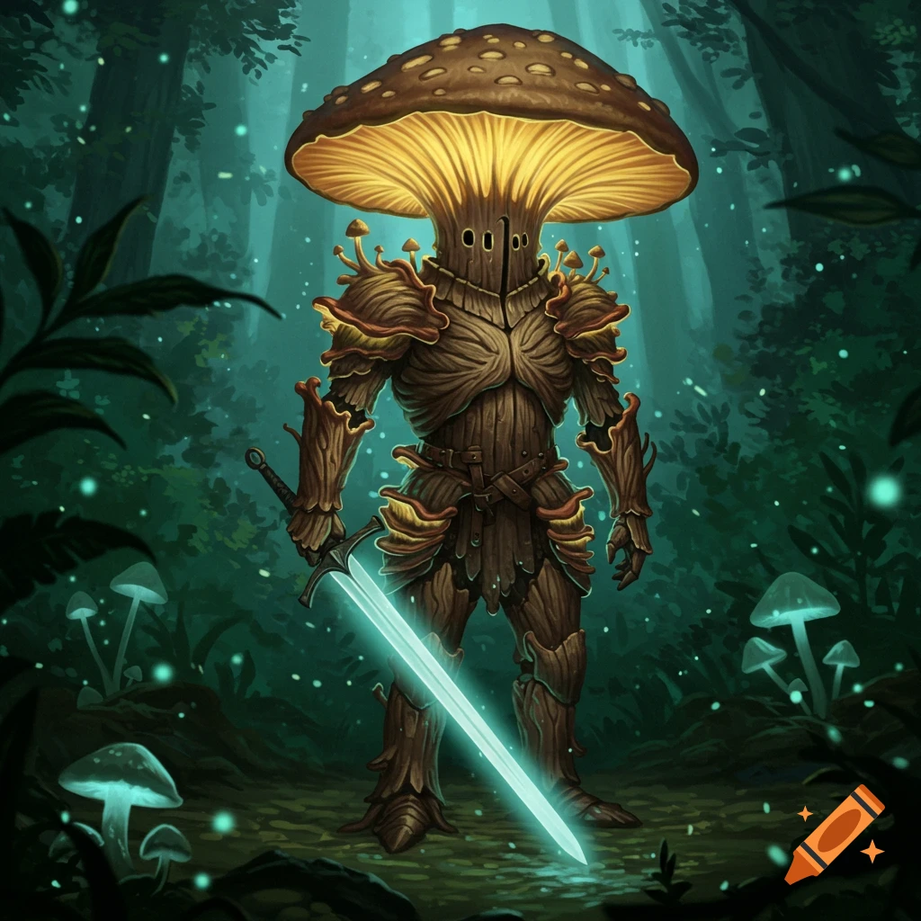 A fungus knight in a dark forest holding a glowing sword.