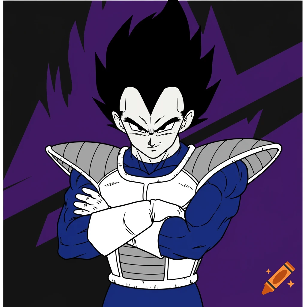 Vector portrait of Vegeta from Dragon Ball Z with arms crossed against a purple lightning background.