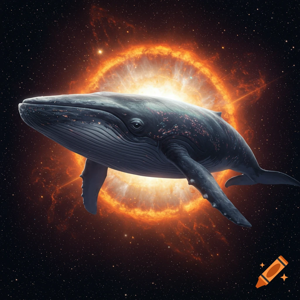 A whale swims in space before a bright supernova