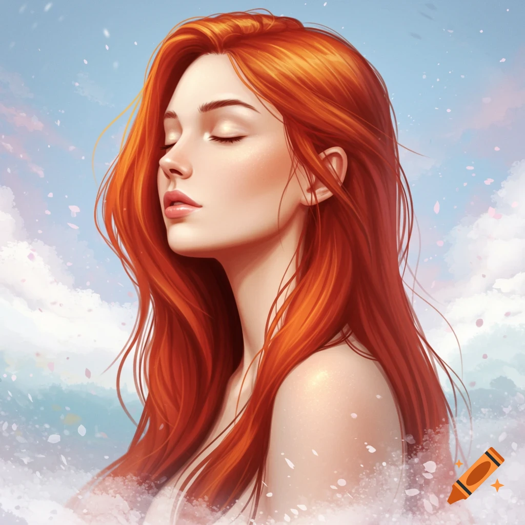 A woman with long red hair and closed eyes against a cloudy sky with falling petals.