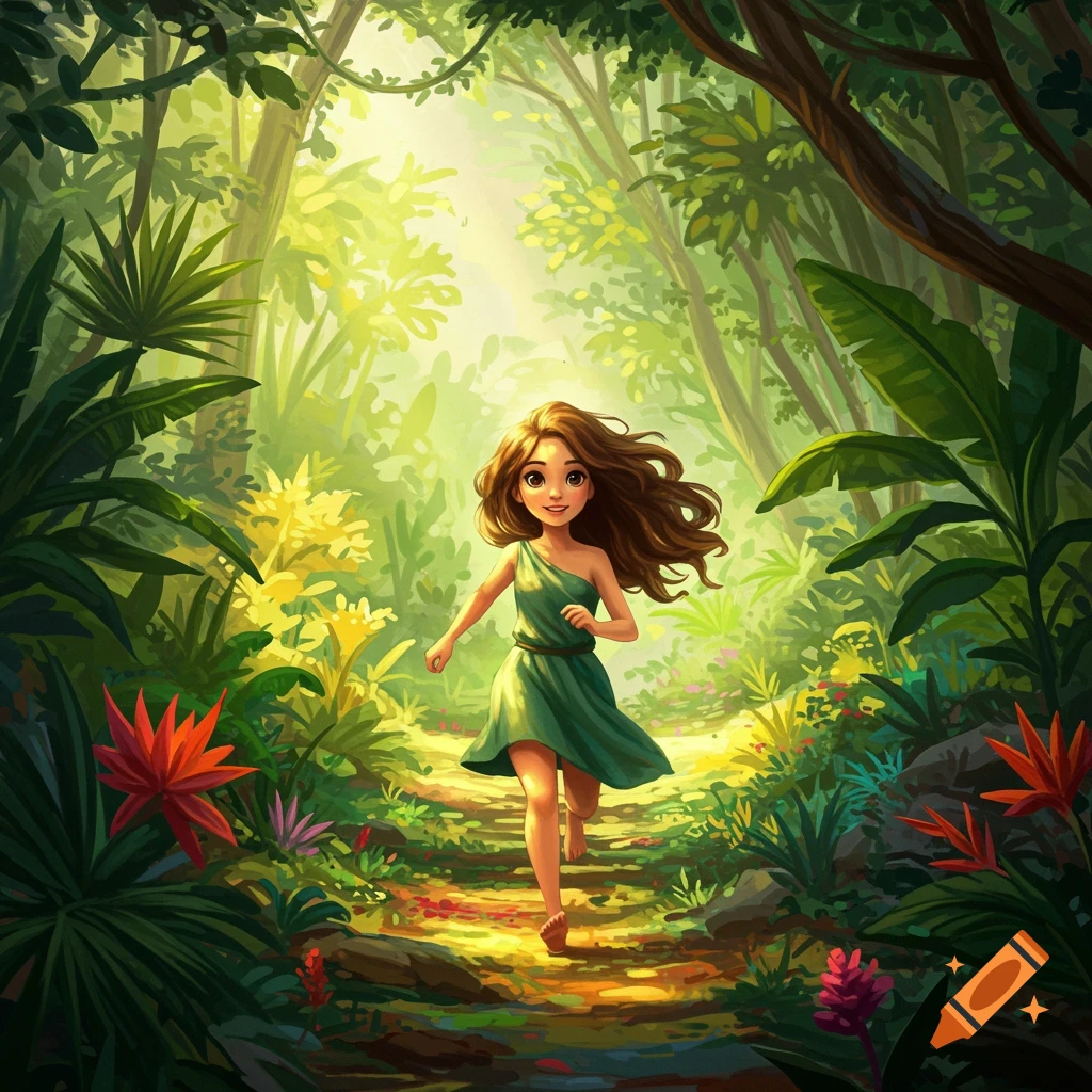 A young girl runs through a lush, sunlit jungle in a vibrant, painterly style.