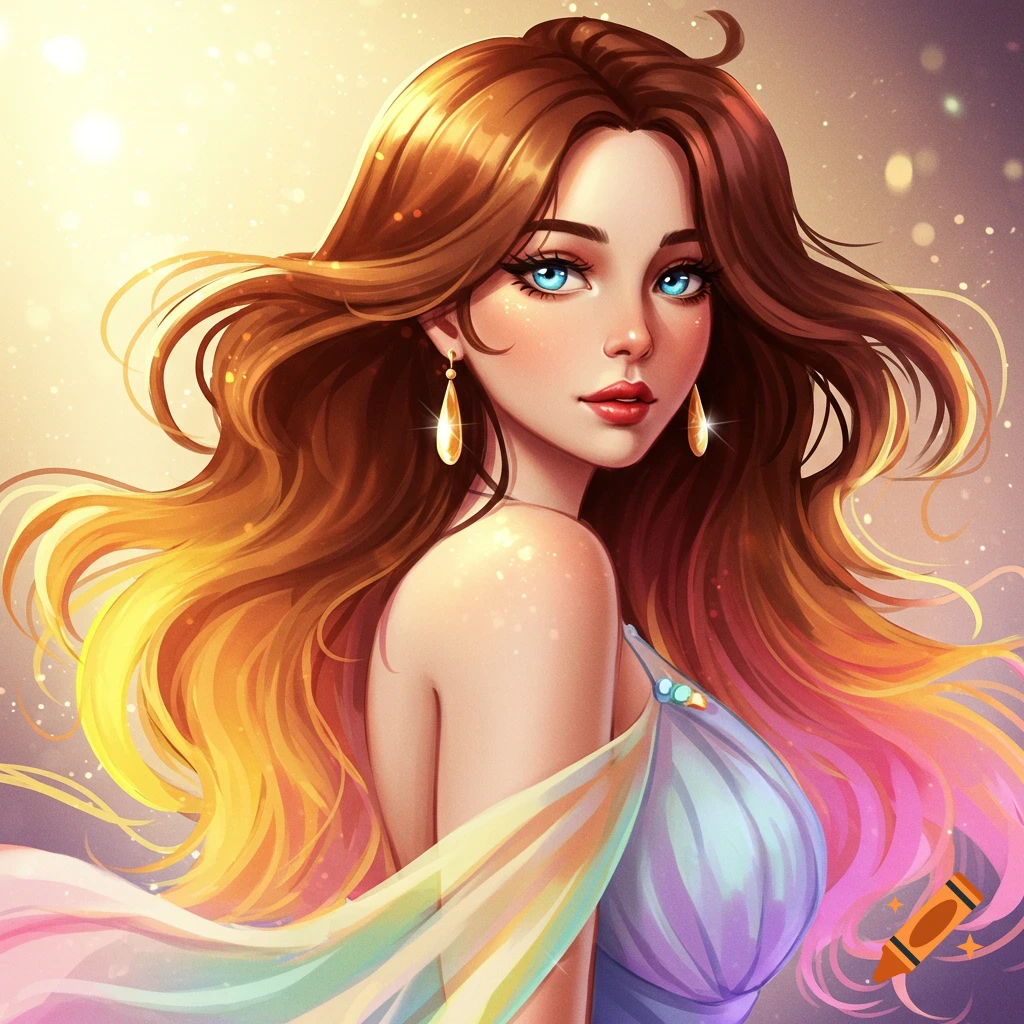 A woman with long flowing brown hair fading to yellow and pink, blue eyes, and a pastel dress, with sparkly bokeh.