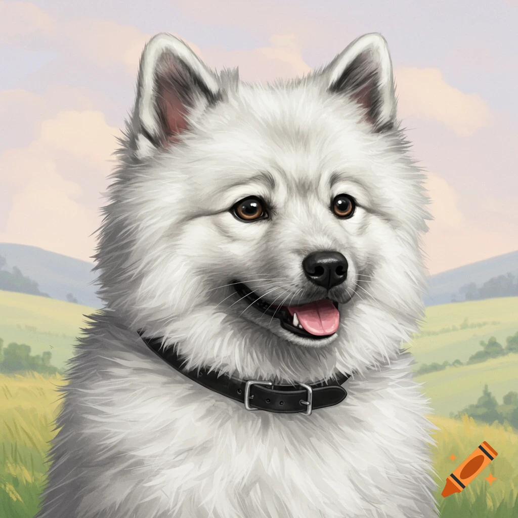 A white fluffy dog wearing a black collar, in a field with hills.