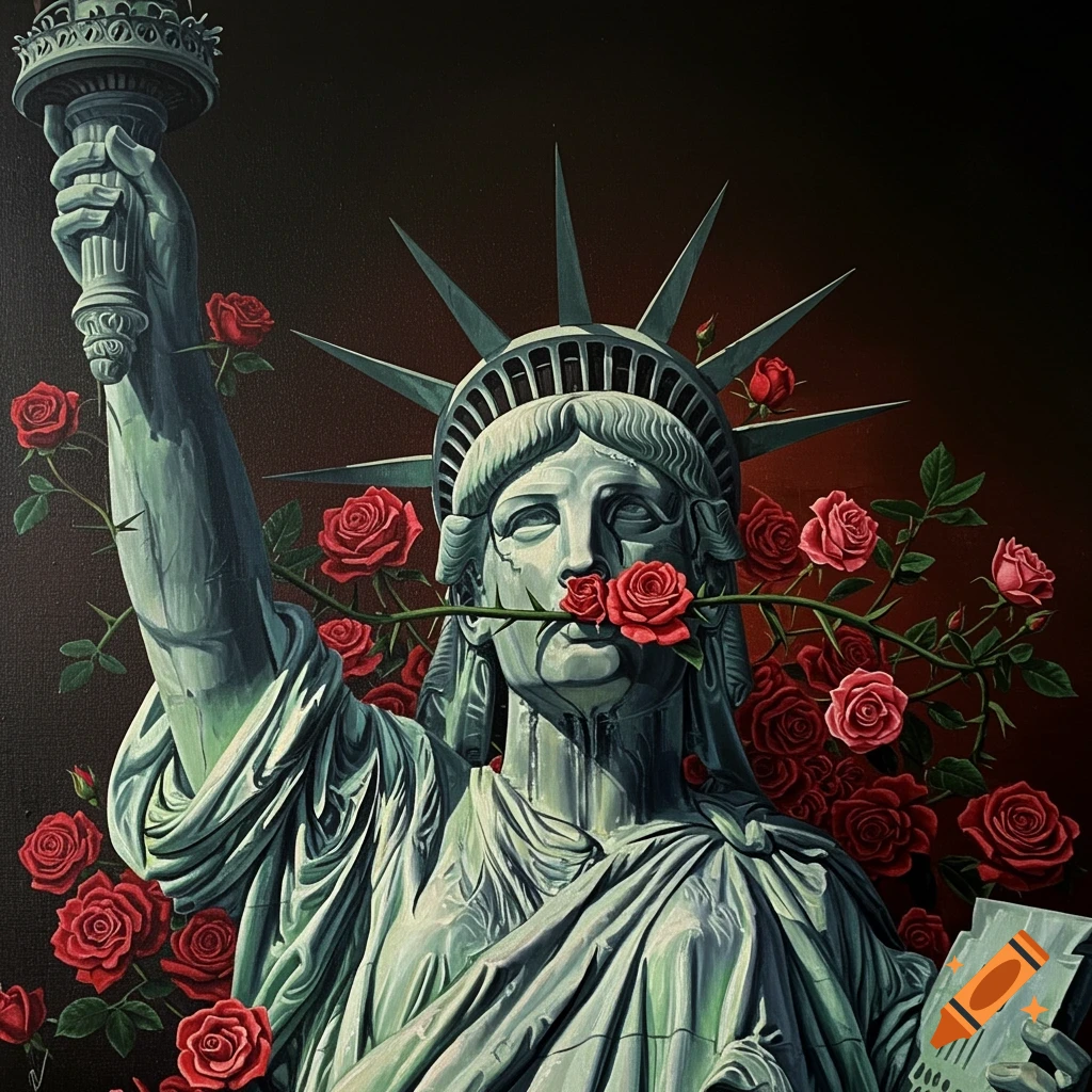 Oil painting of Statue of Liberty with roses growing around her and a rose in her mouth.