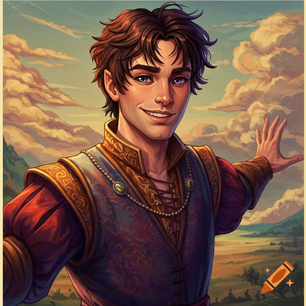 A young man in fantasy clothing is gesturing, with a landscape and cloudy sky behind him.