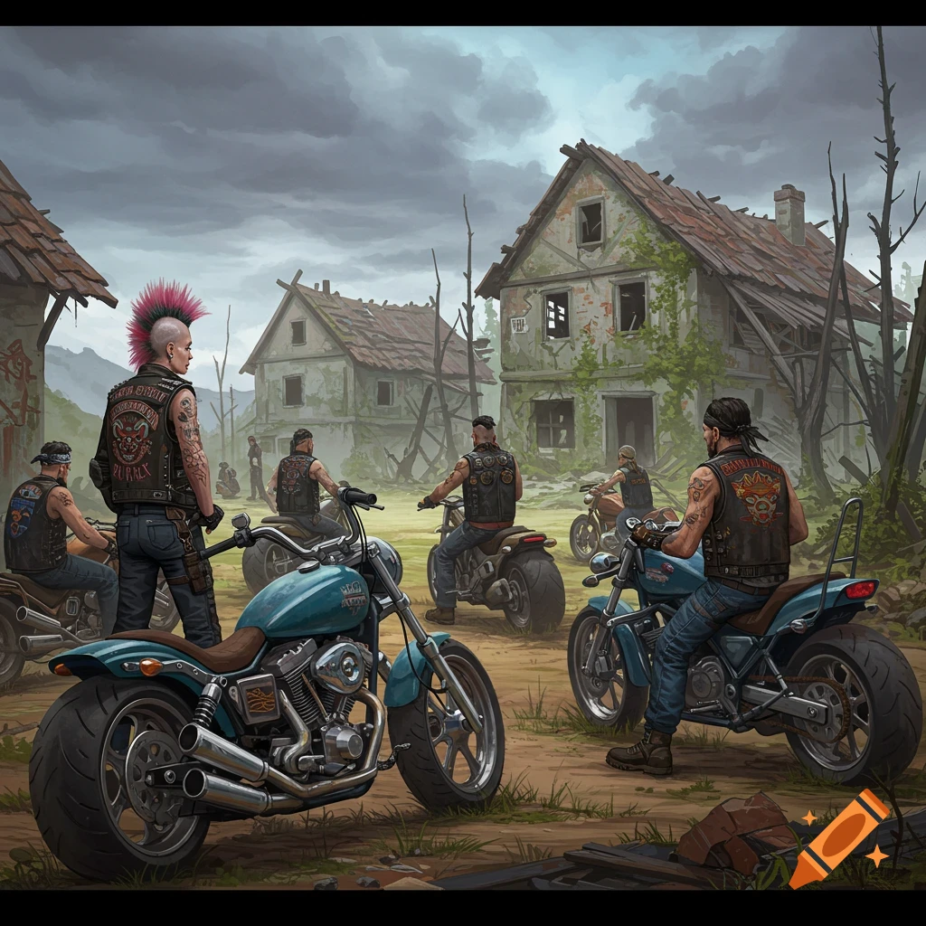 Bikers on motorcycles looking at abandoned buildings under a cloudy sky.