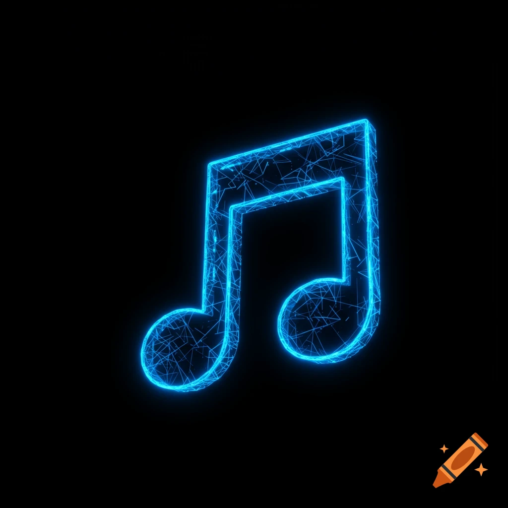 A glowing blue digital musical note on a black background.