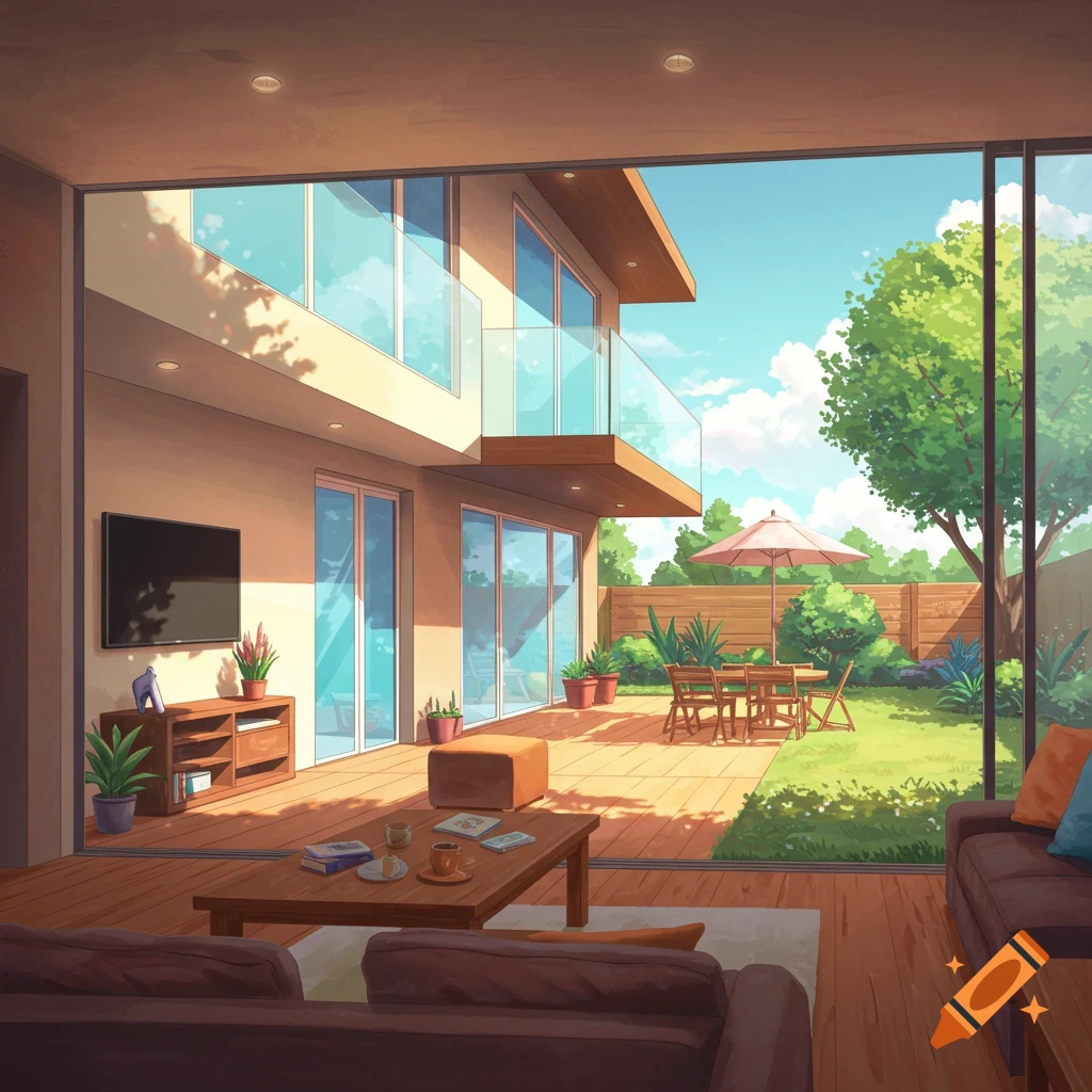 Modern living room opening onto a patio and sunny backyard.