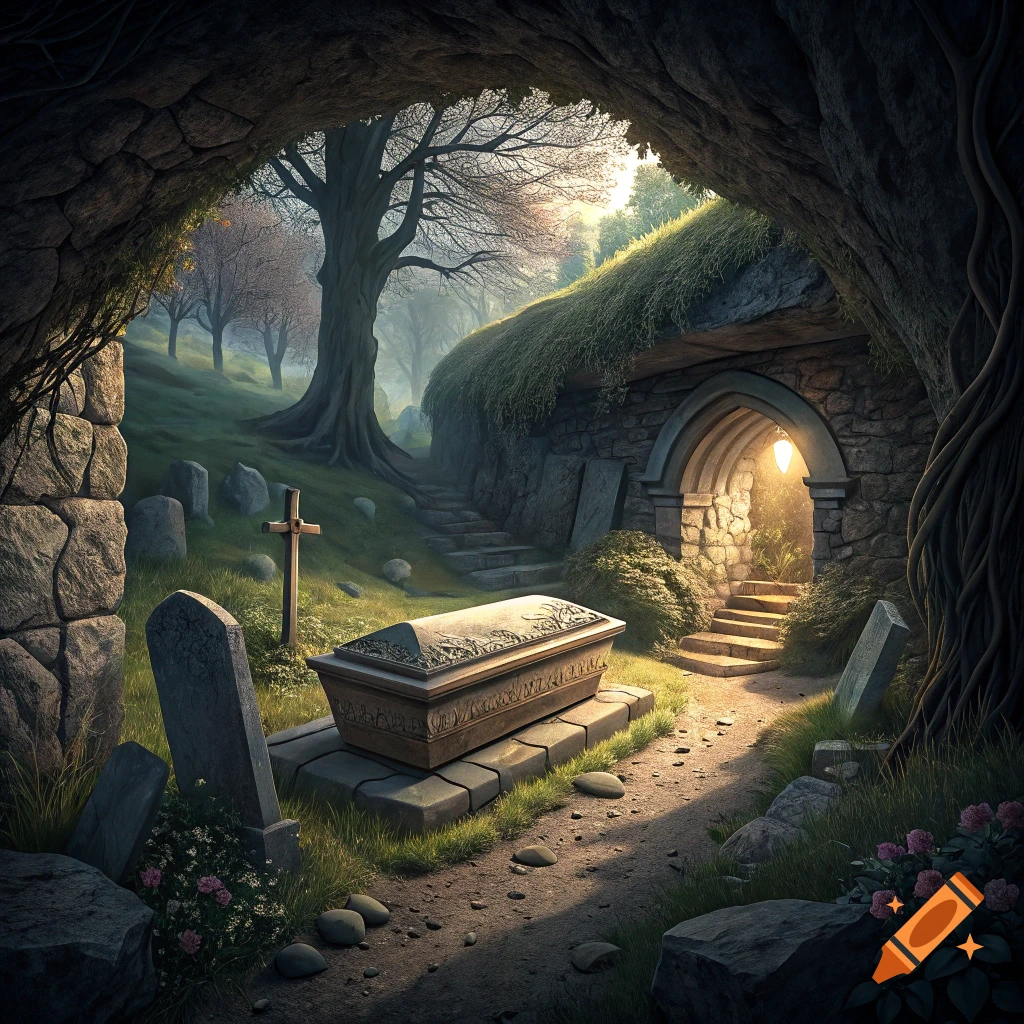 A coffin sits outside a stone tomb entrance in an atmospheric cemetery with old trees and gravestones.