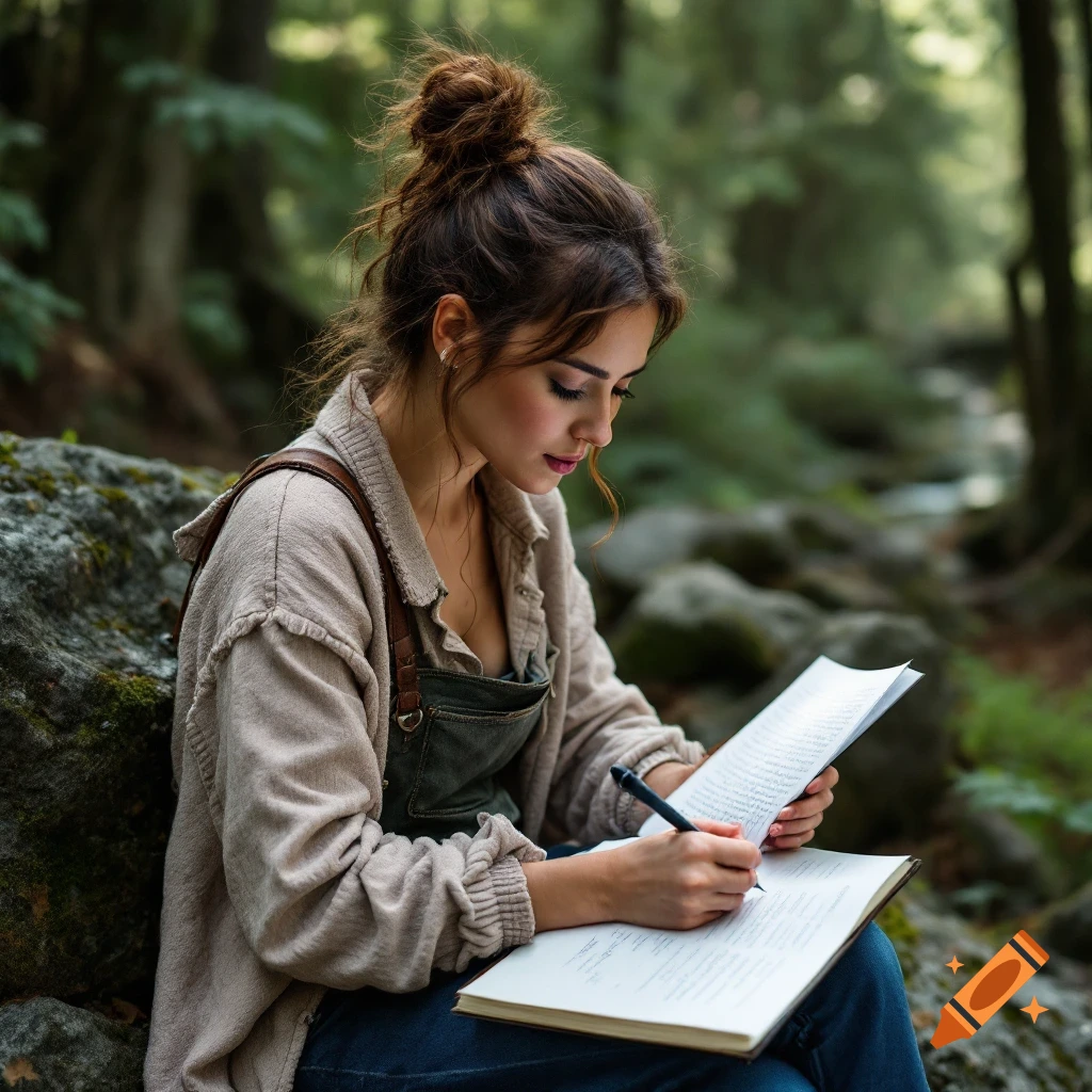 Woman sitting on a rock in a forest, writing in a notebook.
