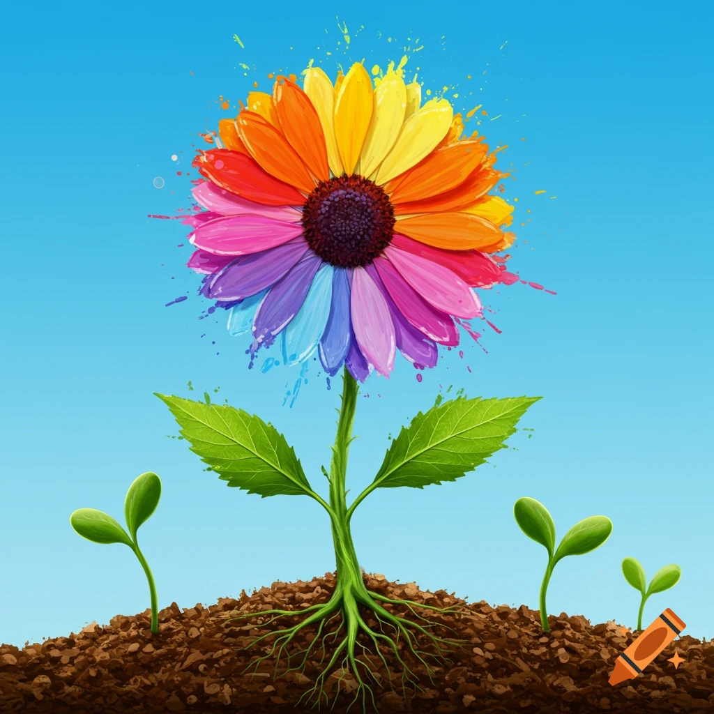 A colorful flower is shown growing from soil with visible roots and seedlings, set against a blue background.