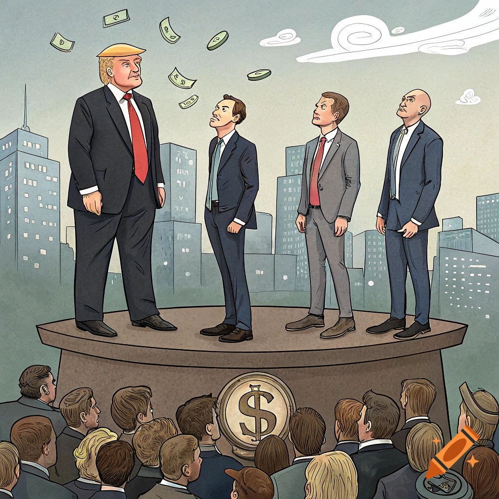 Cartoon political illustration of Trump, Musk, Zuckerberg, Bezos dropping money on a crowd below, with a cityscape and dollar signs.