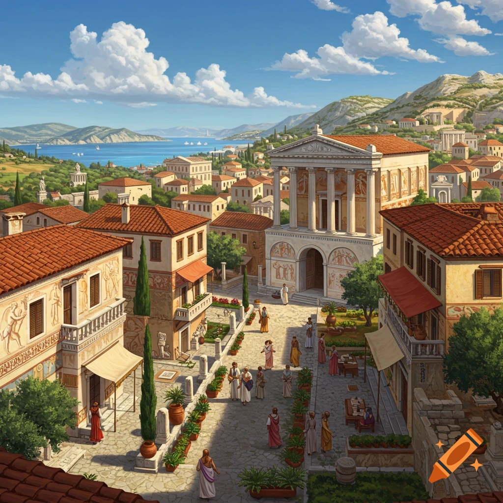 An ancient town square by the sea, with a large temple, buildings, people, and mountains.