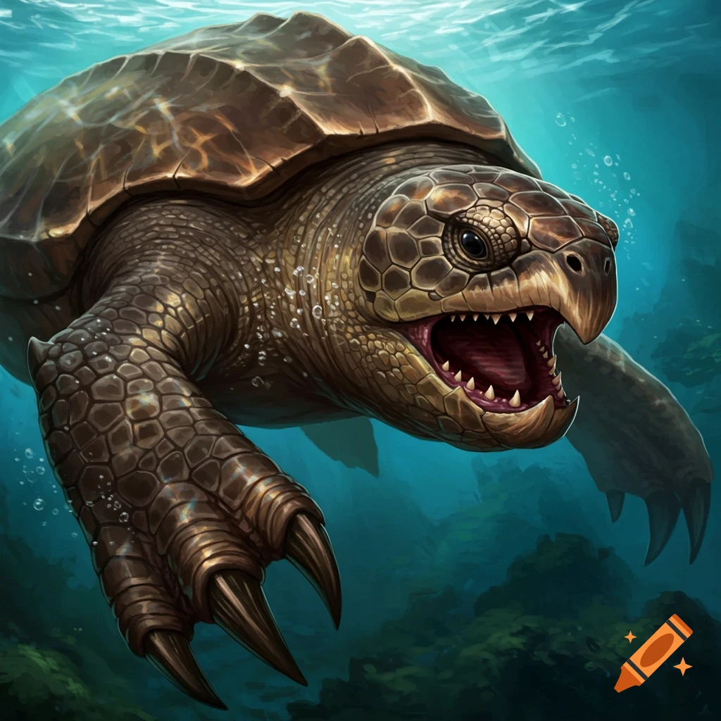 A monstrous turtle with claws and teeth underwater.