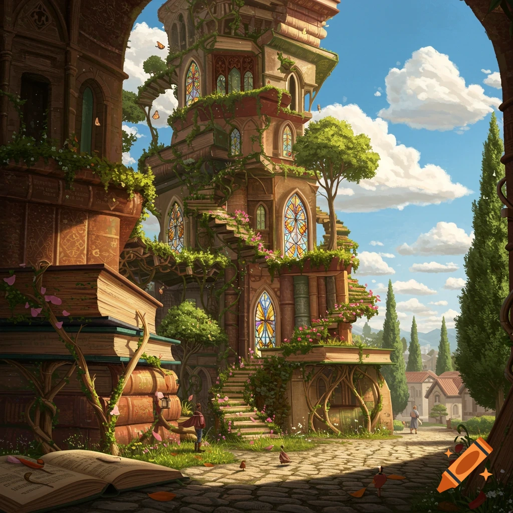Whimsical building made of books, trees, and vines.