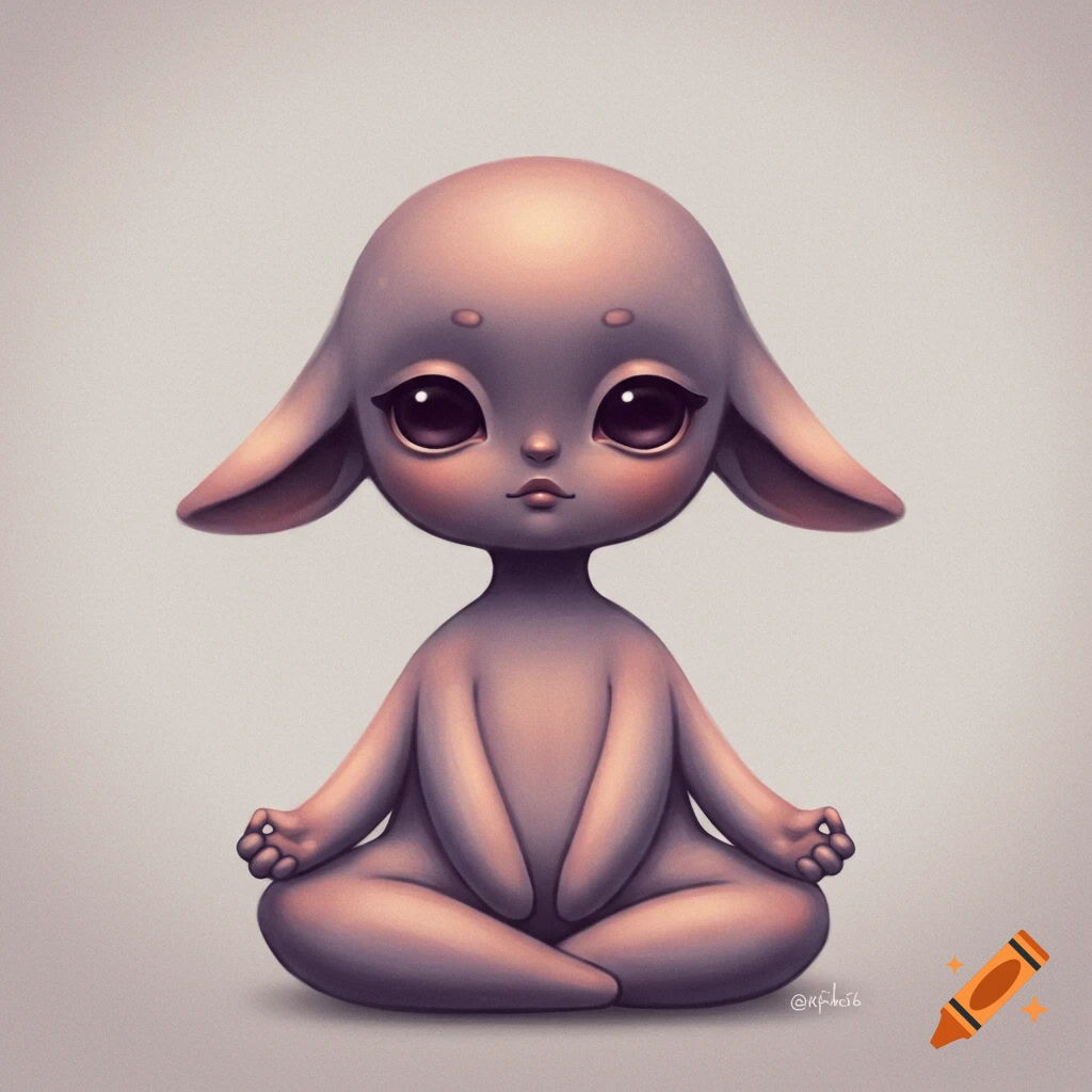 Cute, pastel creature with large eyes sitting cross-legged in a meditative pose.