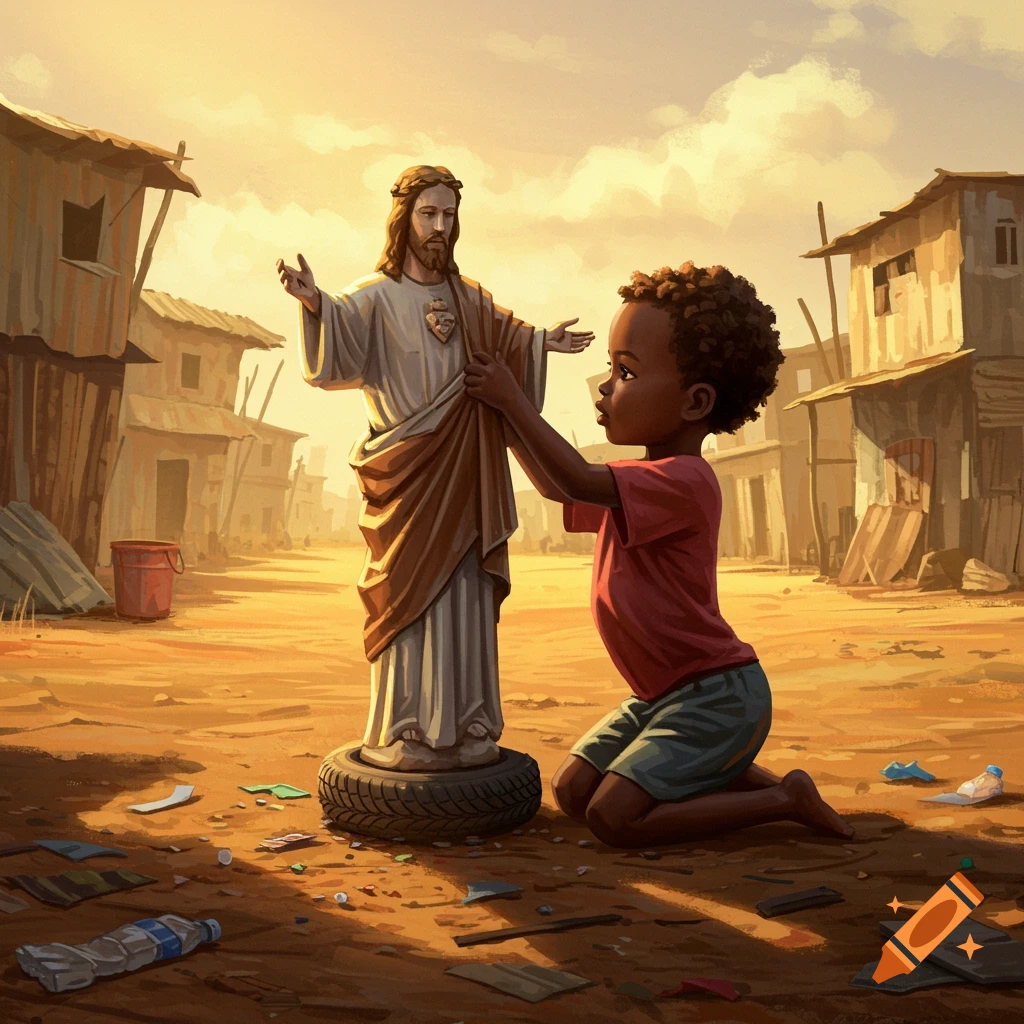 A young child kneels in a shanty town, touching a statue of Jesus under golden sunlight.