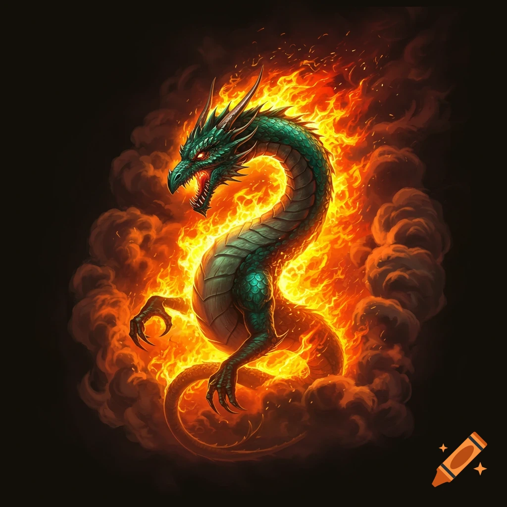 A green dragon roaring amidst flames and smoke.