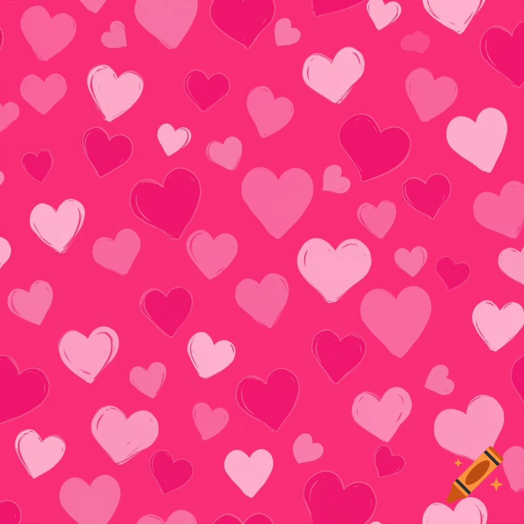 A seamless pattern of pink hearts on a bright pink background.