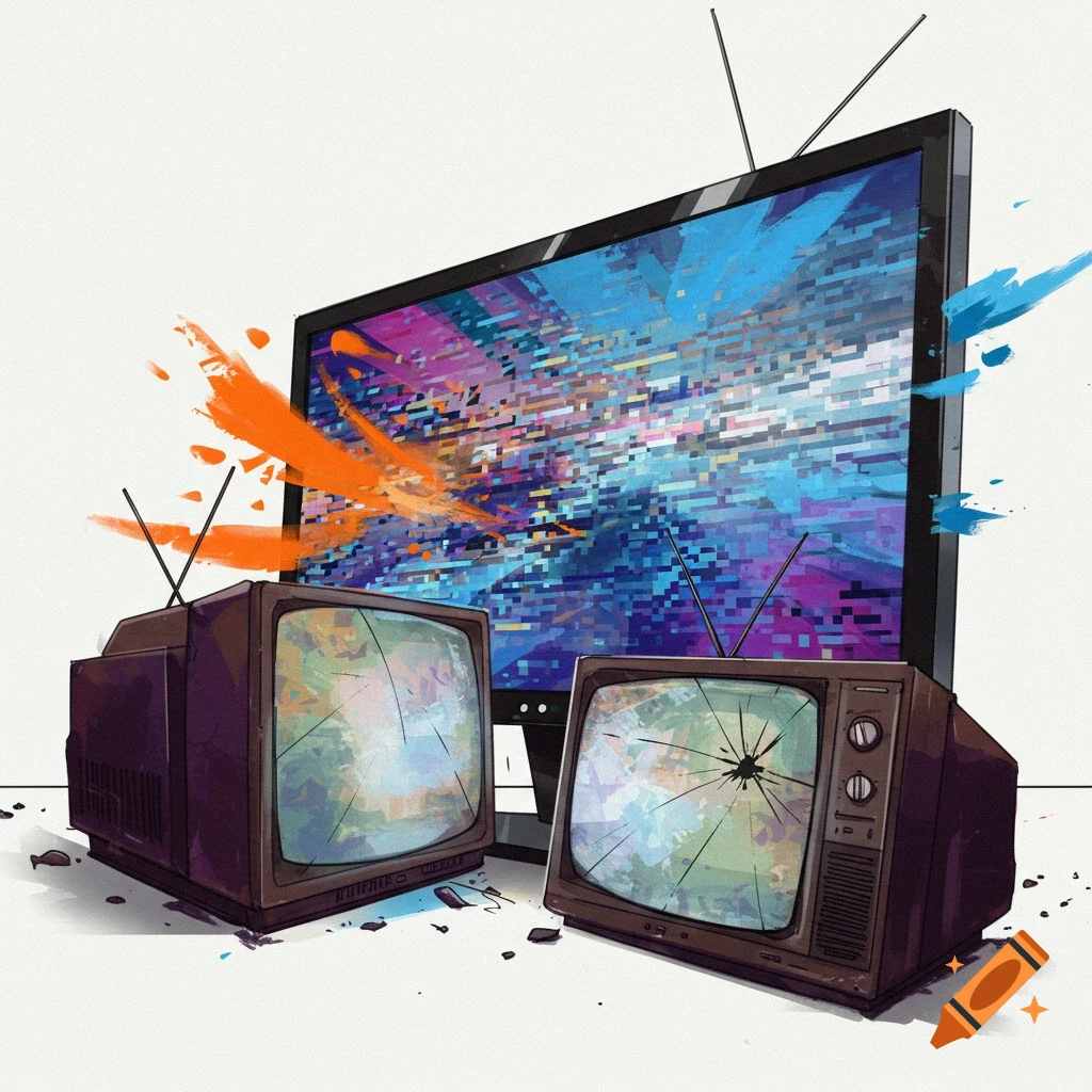 A large modern TV is situated behind two smaller broken CRT TVs, all displaying abstract screens.