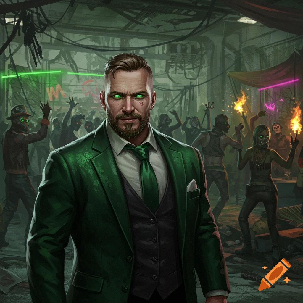 A man in a green suit with glowing green eyes is at a post-apocalyptic party.