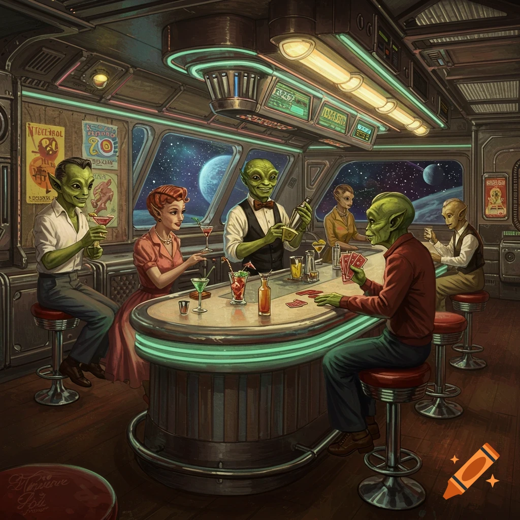 Aliens socialize, play cards, and drink in a retro 50s style spaceship bar with views of space.