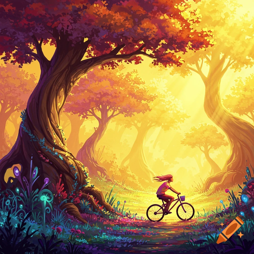 A person rides a bicycle through a colorful, sunlit fantasy forest.
