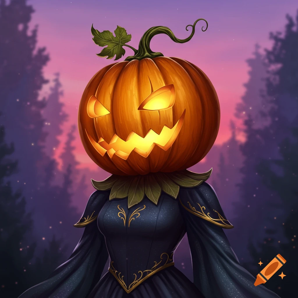 A figure with a glowing jack-o'-lantern head wearing a dark dress in a forest at dusk.