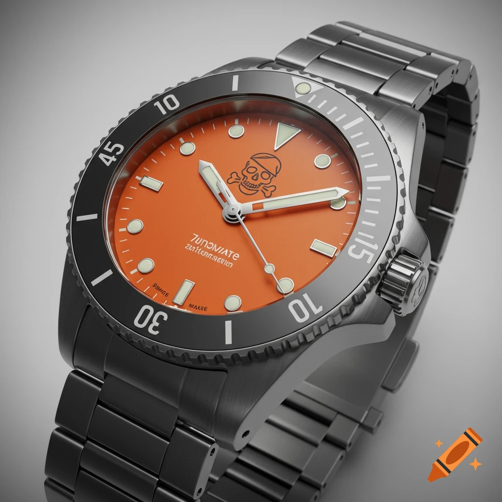 Photorealistic close-up of a dive watch with orange dial, stainless steel case, and skull logo.