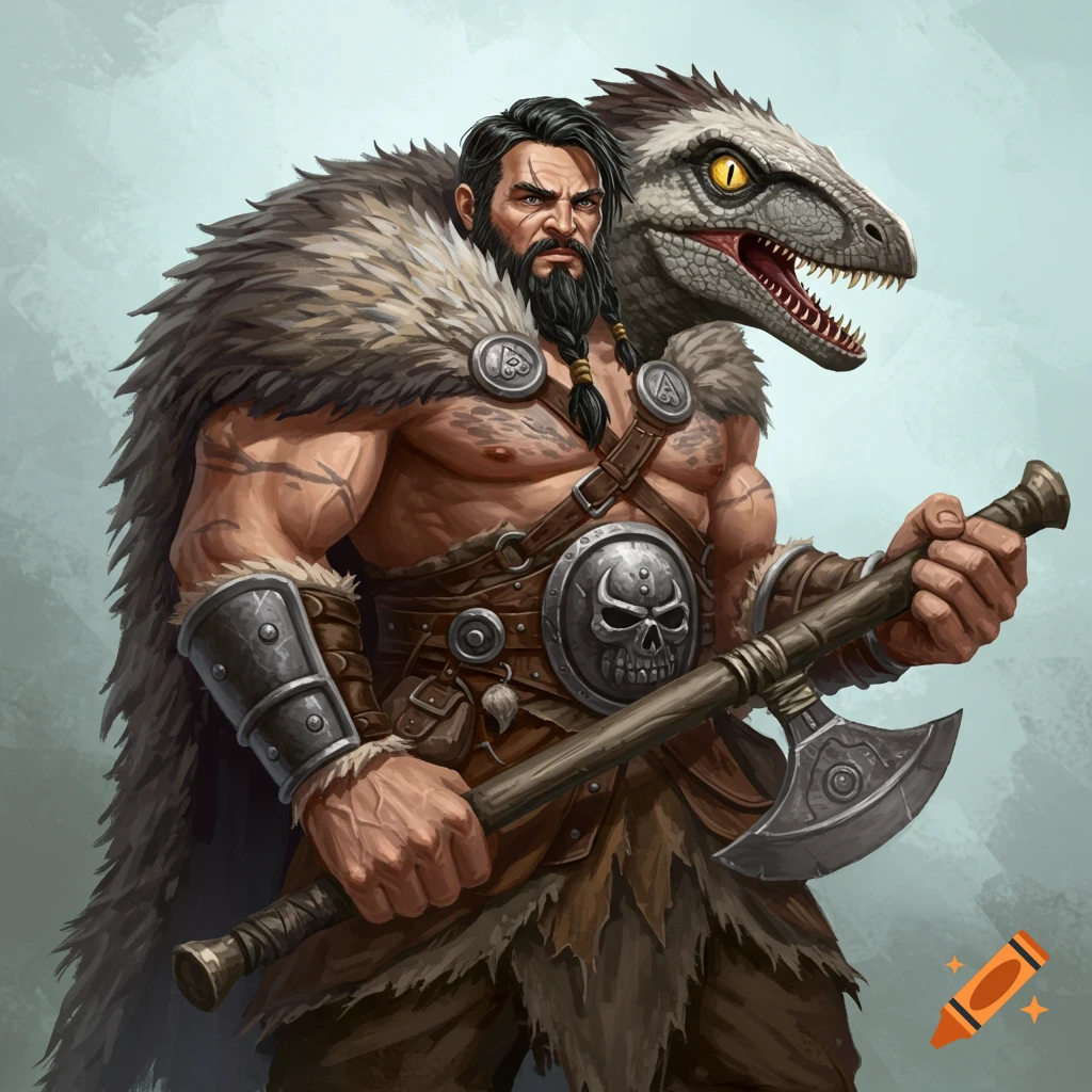 A barbarian warrior holding an axe with a raptor head over his shoulder.
