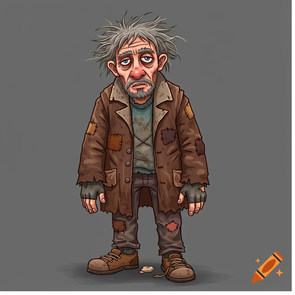 A disheveled homeless man in a tattered coat, vector graphic style.