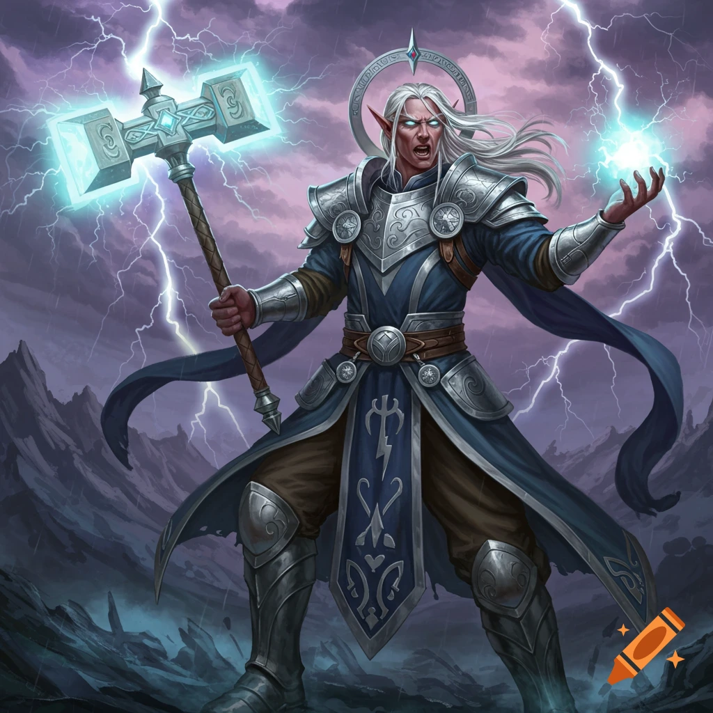 A male elf cleric wields a hammer and casts lightning magic in a stormy landscape.