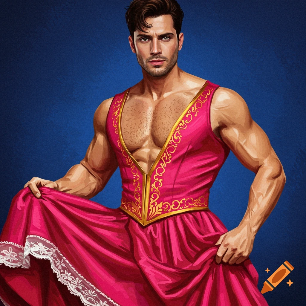 A muscular man posing in a bright pink dress.