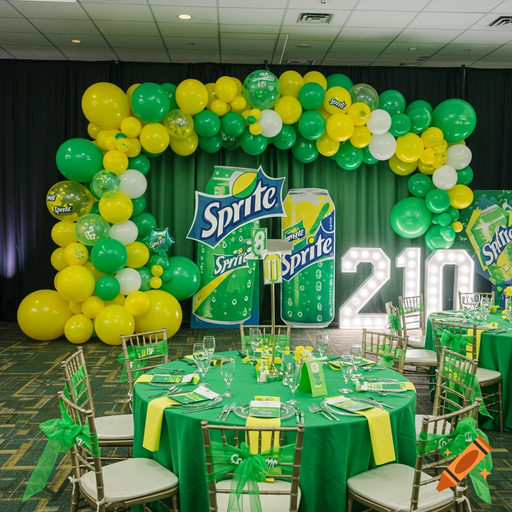 A Sprite-themed party room with green and yellow balloon arch, large Sprite cutouts, light-up 210 numbers, and decorated tables.