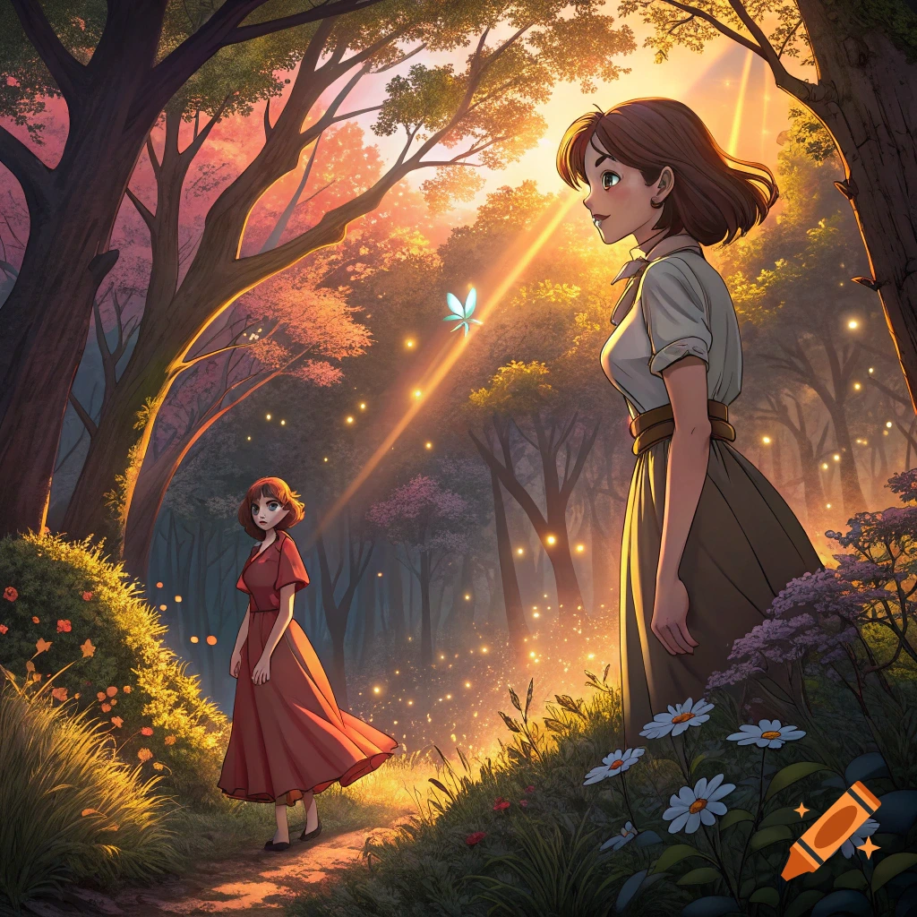 Anime image of two women in an enchanted forest with sunlight and magical lights.