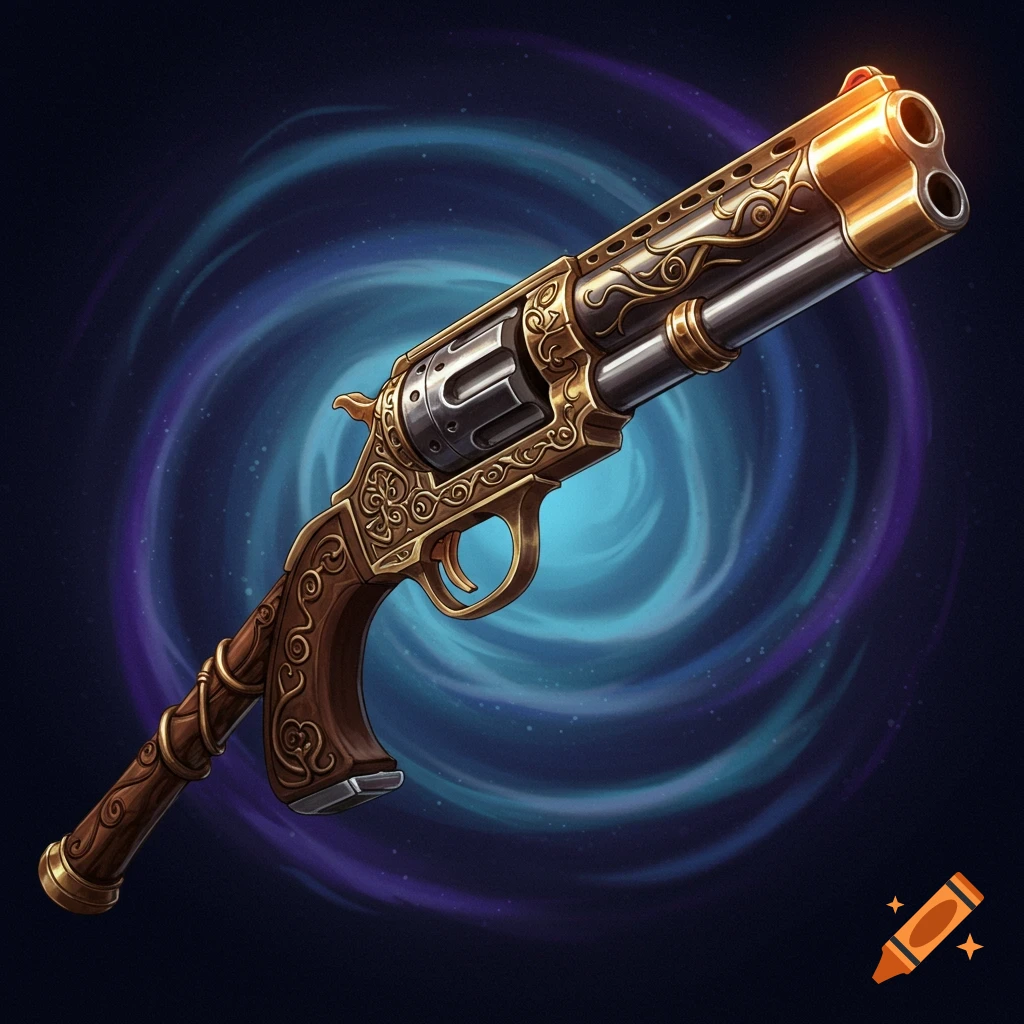 A decorative steampunk revolver against a swirling blue and purple background.