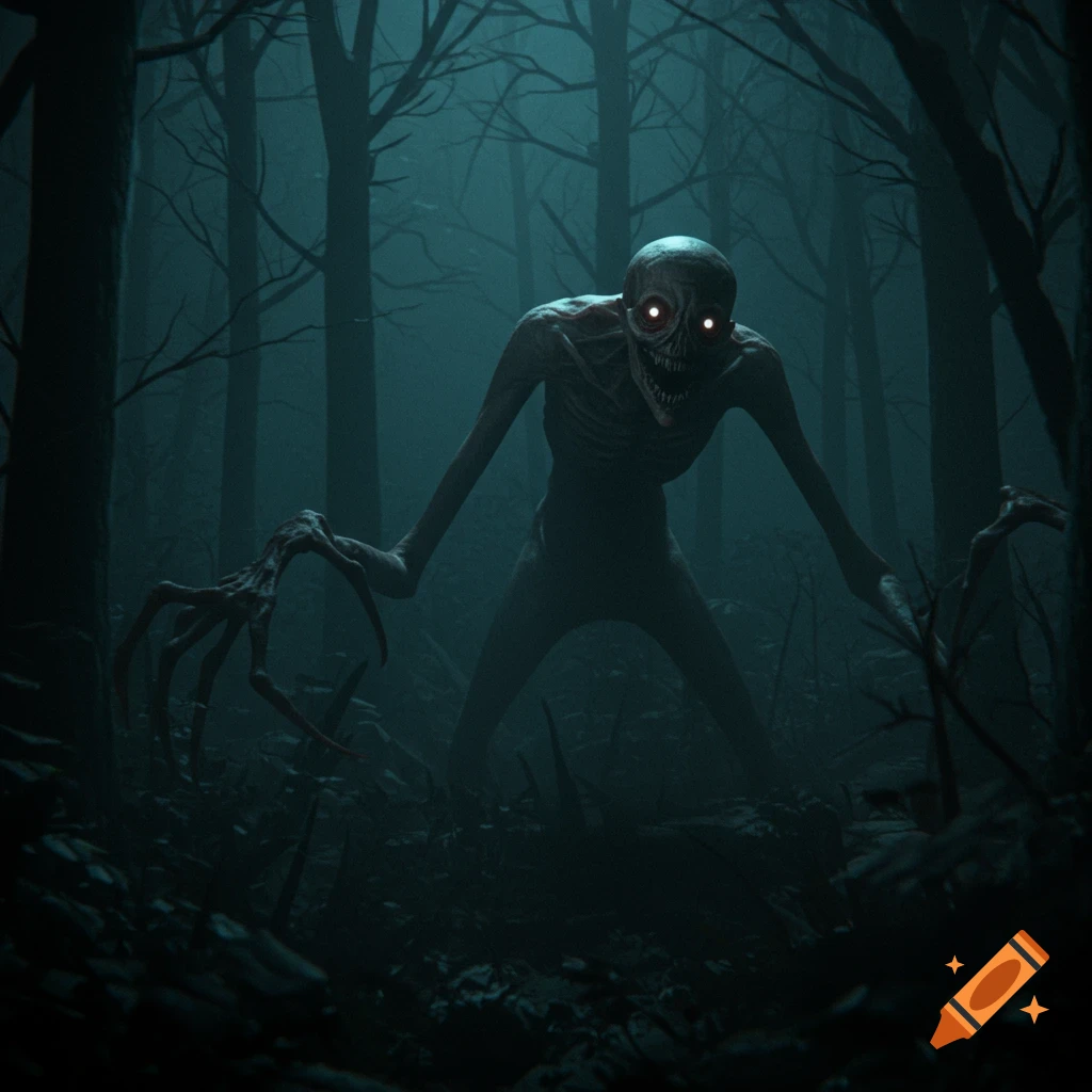 A tall, skeletal creature with glowing eyes and long claws stands in a dark, misty forest at night in an analog horror style.