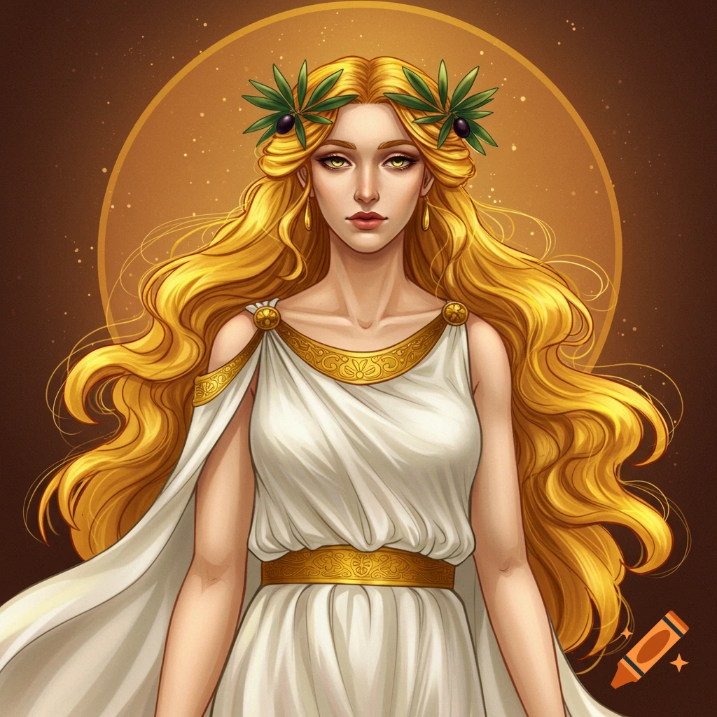 Portrait of a goddess in white and gold dress with golden hair and olive wreath.